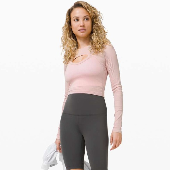 Lululemon Better Best Cut Out Light Pink Ribbed Long Sleeve Cropped Top - Picture 2 of 12